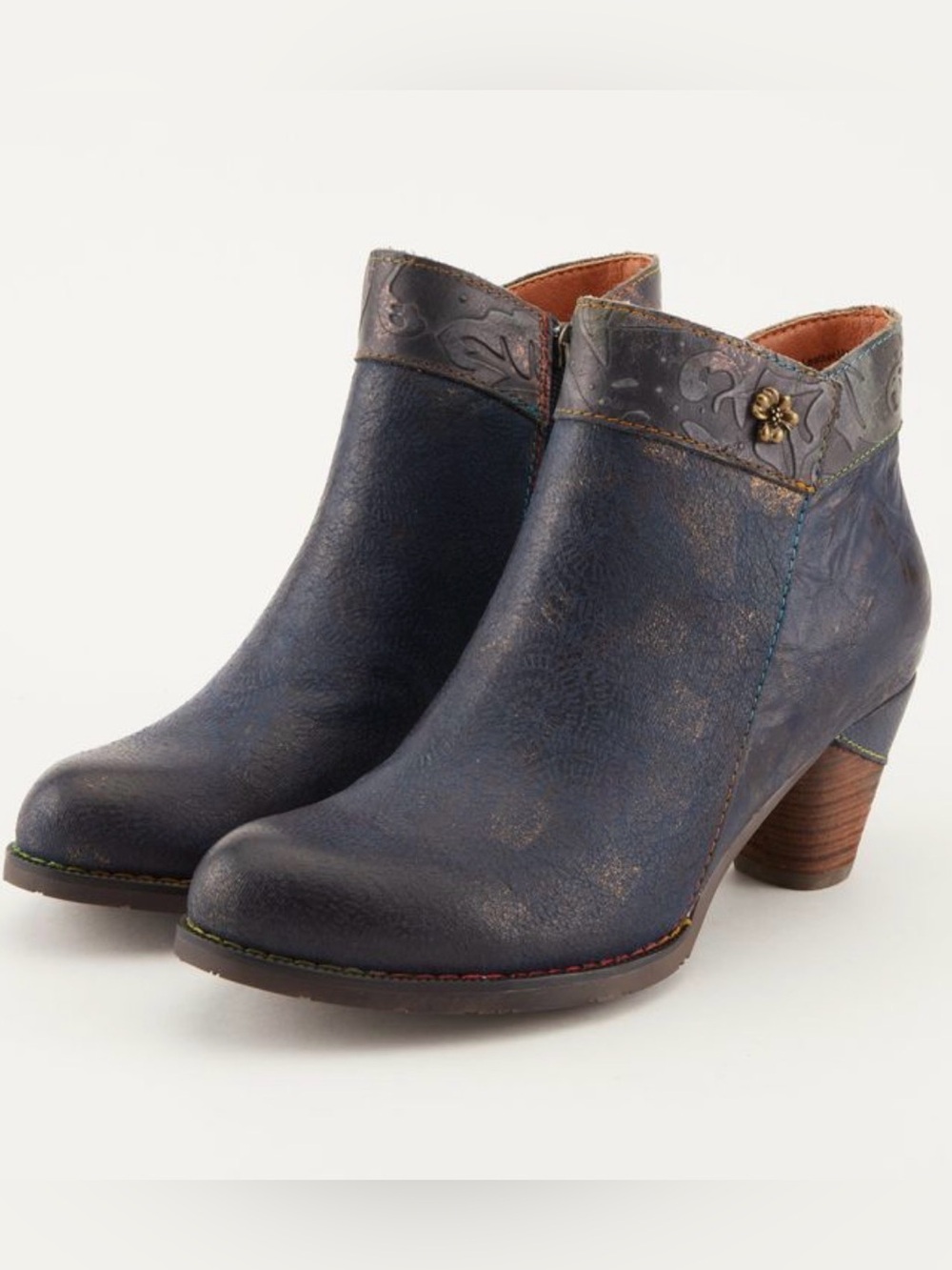L’Artiste by Spring Step Bestlove Blue Leather Floral Embossed Ankle Boots SZ 39